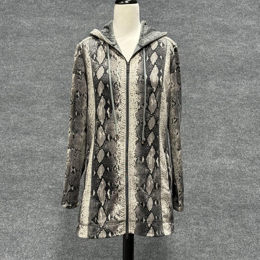 Neiman Marcus Exclusive Jacket Womens Large Gray Snakeskin Print Zip Hooded
